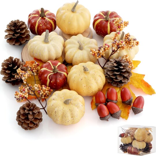 Artgar; Artgar Pumpkin Decor Set, 23 PCS Fall Harvest Decorations Including Mini Pumpkins, Acorns, Pinecones, Berries, Maple Leaves for Home Table Wedding DIY Fall Halloween Thanksgiving Decor; Category:Pumpkin Decor; Image:1
